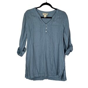 Cynthia Rowley Linen Roll Tab Sleeve Tunic Top Size M Blue Lagenlook Boho